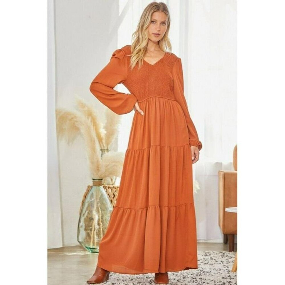 Rio Smocked Long Sleeve Maxi Dress in Rust